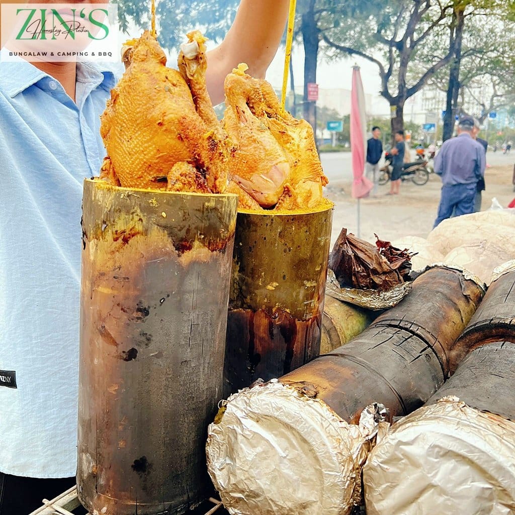 đặc sản gà nướng ống lồ ô khổng lồ ở Zin's Homestay Pleiku - Review Gia Lai