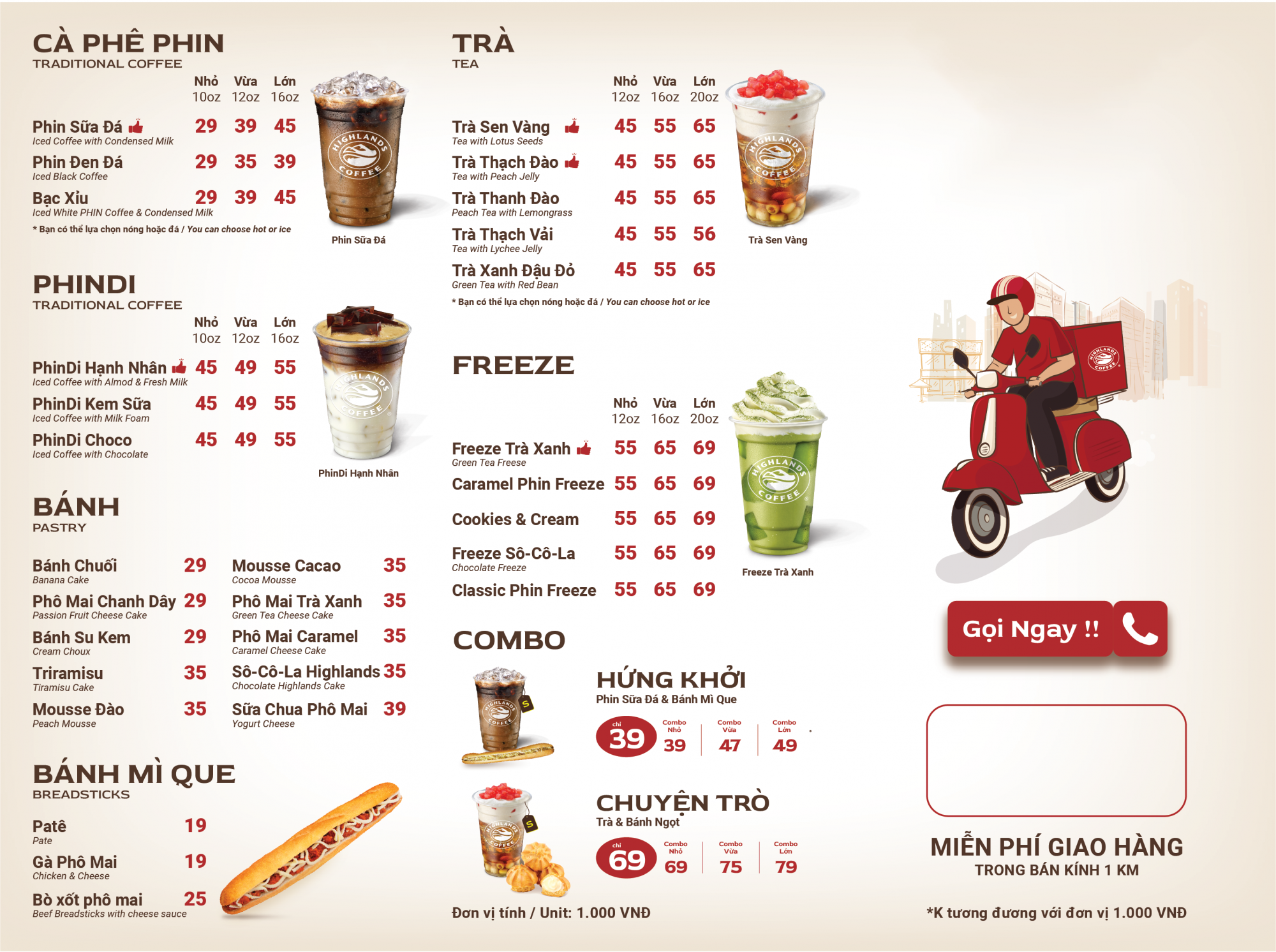 menu món - thực đơn gọi món Cafe Highlands Gia Lai ở Pleiku (giao tận nơi và tại quán)